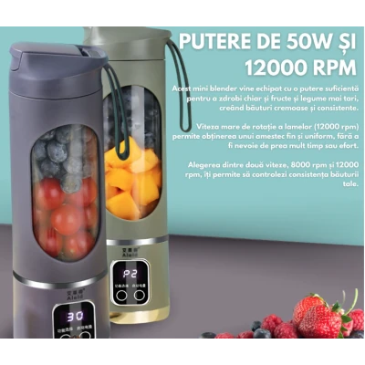 Blender portabil 450ml USB 12 lame inox 50W cu 18000 rpm afisaj LED