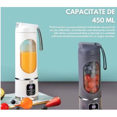 Blender portabil 450ml USB 12 lame inox 50W cu 18000 rpm afisaj LED