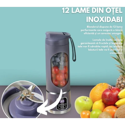 Blender portabil 450ml USB 12 lame inox 50W cu 18000 rpm afisaj LED