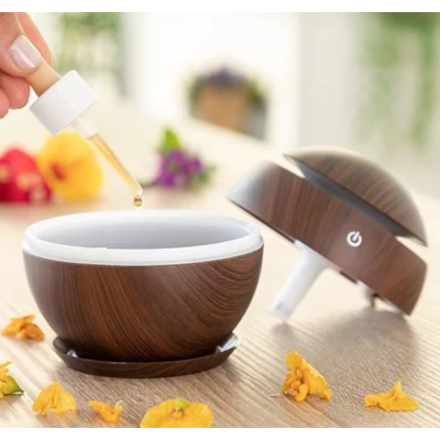 Umidificator ultrasonic si difuzor uleiuri esentiale 200 ml ROTUND Lumini LED USB Maro inchis