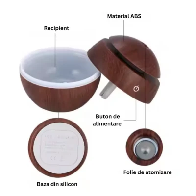 Umidificator ultrasonic si difuzor uleiuri esentiale 200 ml ROTUND Lumini LED USB Maro inchis