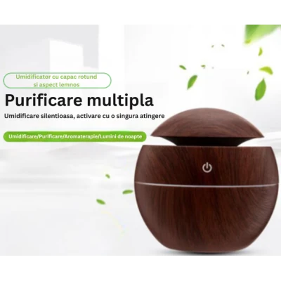 Umidificator ultrasonic si difuzor uleiuri esentiale 200 ml ROTUND Lumini LED USB Maro inchis
