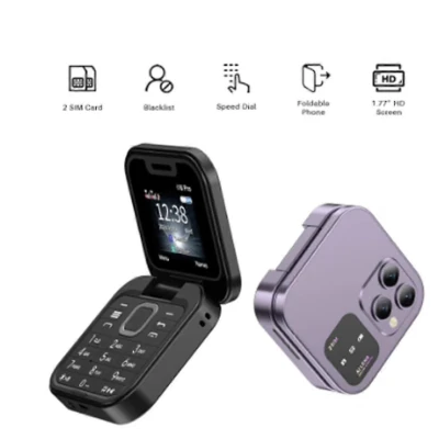 Mini telefon mobil pliabil cu clapa radio FM lista neagra vocala apelare rapida cu vibratii 2 cartele SIM ecran mic