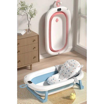 Cadita pliabila pentru bebelusi cu termometru digital dop de scurgere picioare anti alunecare ROZ