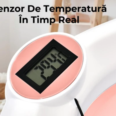 Cadita pliabila pentru bebelusi cu termometru digital dop de scurgere picioare anti alunecare ROZ
