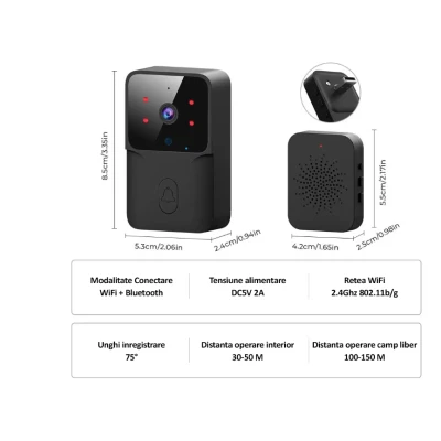 Sonerie wireless cu camera video rezolutie video HD 720p vedere nocturna microfon bidirectional control prin aplicatie distanta 50M