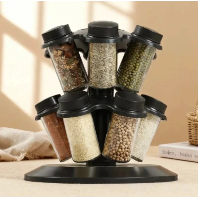 Organizator de condimente cu 12 borcane design rotativ ideal pentru bucatarie Plastic Negru