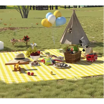 Patura de picnic dimensiune 100x150cm culoare GALBEN cu carouri