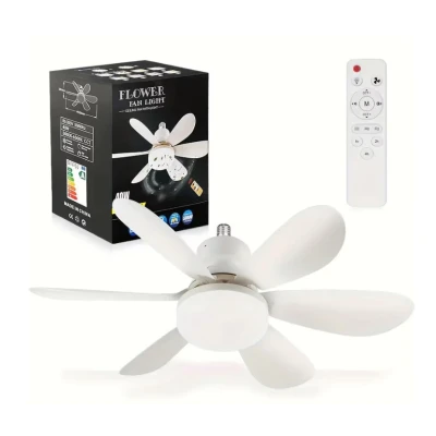 Ventilator de tavan cu LED 40W tip bec control de la distanta 52cm x 20cm alb