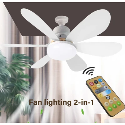 Ventilator de tavan cu LED 40W tip bec control de la distanta 52cm x 20cm alb
