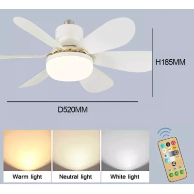 Ventilator de tavan cu LED 40W tip bec control de la distanta 52cm x 20cm alb