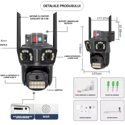 Camera supraveghere WiFi cu 3 lentile 15MP 8K PTZ Audio Alarma Exterior IP66