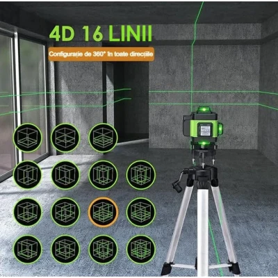 Nivela laser 4D cu 16 linii autonivelare telecomanda lumina verde Trepied