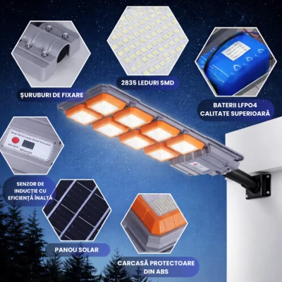 UB Lampa solara stradala premium LED 3000W IP66 puternica 6 casete