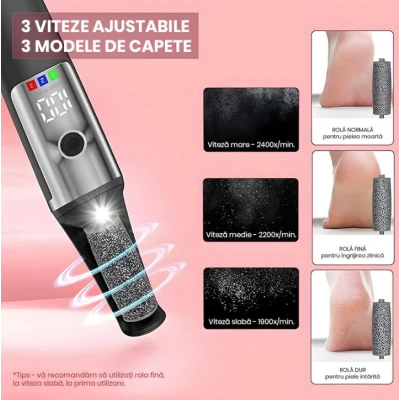 Pila electrica pentru calcaie si talpi reincarcabila cu aspirare 3 capete abrazive