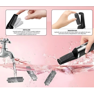 Pila electrica pentru calcaie si talpi reincarcabila cu aspirare 3 capete abrazive