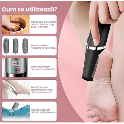 Pila electrica pentru calcaie si talpi reincarcabila cu aspirare 3 capete abrazive