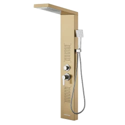 Panel dus iluminare Led 5 functii Cascada Ploaie tropicala dus de mana otel inoxidabil Auriu lucios Aurora