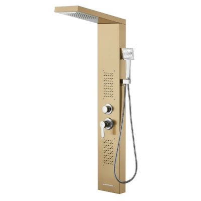 Panel dus iluminare Led 5 functii Cascada Ploaie tropicala dus de mana otel inoxidabil Auriu lucios Aurora
