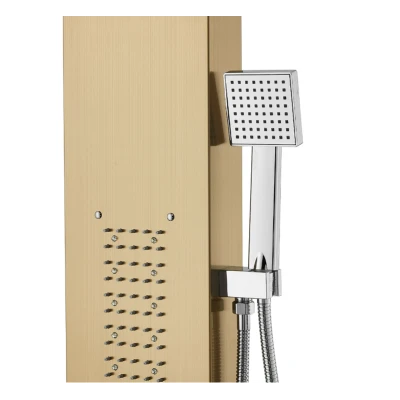 Panel dus iluminare Led 5 functii Cascada Ploaie tropicala dus de mana otel inoxidabil Auriu lucios Aurora
