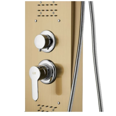 Panel dus iluminare Led 5 functii Cascada Ploaie tropicala dus de mana otel inoxidabil Auriu lucios Aurora