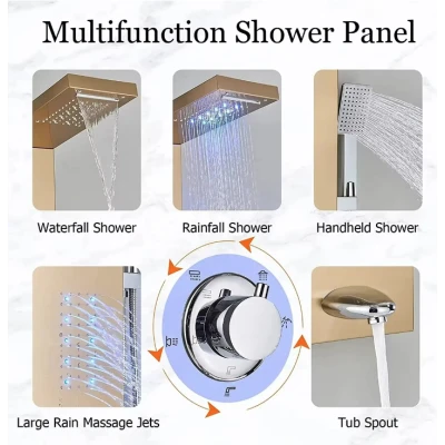 Panel dus iluminare Led 5 functii Cascada Ploaie tropicala dus de mana otel inoxidabil Auriu lucios Aurora