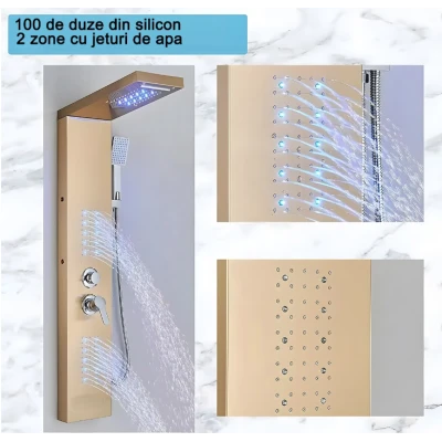 Panel dus iluminare Led 5 functii Cascada Ploaie tropicala dus de mana otel inoxidabil Auriu lucios Aurora