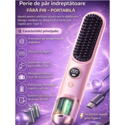 Placa de indreptat parul tip perie portabila cu tehnologie de ioni negativi design compact 4V