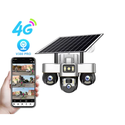 Camera de supraveghere tripla cu panou solar SIM 4G 18MP Full HD 3 zone supravegheate simultan Vedere nocturna