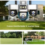 Camera de supraveghere tripla cu panou solar SIM 4G 18MP Full HD 3 zone supravegheate simultan Vedere nocturna