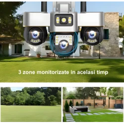 Camera de supraveghere tripla cu panou solar SIM 4G 18MP Full HD 3 zone supravegheate simultan Vedere nocturna