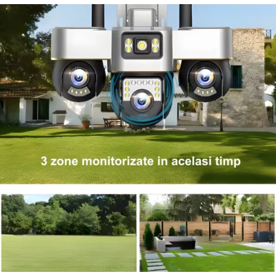 Camera de supraveghere tripla cu panou solar SIM 4G 18MP Full HD 3 zone supravegheate simultan Vedere nocturna
