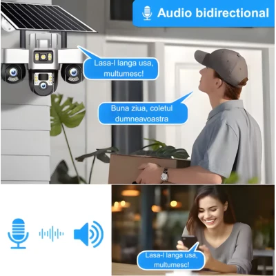 Camera de supraveghere tripla cu panou solar SIM 4G 18MP Full HD 3 zone supravegheate simultan Vedere nocturna