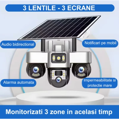 Camera de supraveghere tripla cu panou solar SIM 4G 18MP Full HD 3 zone supravegheate simultan Vedere nocturna