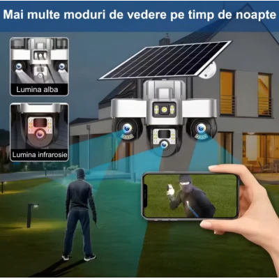 Camera de supraveghere tripla cu panou solar SIM 4G 18MP Full HD 3 zone supravegheate simultan Vedere nocturna