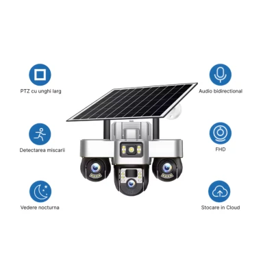 Camera de supraveghere tripla cu panou solar SIM 4G 18MP Full HD 3 zone supravegheate simultan Vedere nocturna