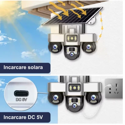 Camera de supraveghere tripla cu panou solar SIM 4G 18MP Full HD 3 zone supravegheate simultan Vedere nocturna