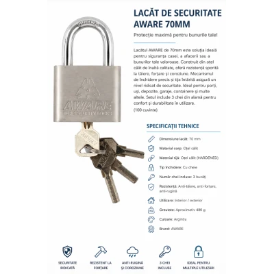 Lacat de securitate AWARE 70 mm din otel calit cu 3 chei protectie maxima