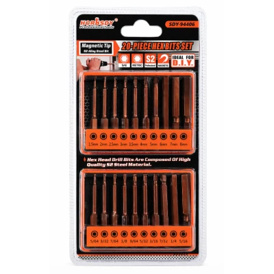 Set biti hexagonali 20 piese HORUSDY S2 magnetici metric si inch pentru bormasina/surubelnita