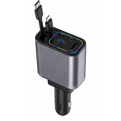 Incarcator auto rapid Q9 putere 120W cu 2 cabluri retractabile si port USB negru
