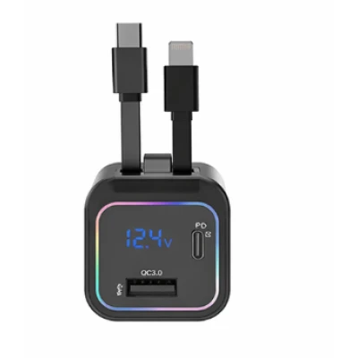 Incarcator auto rapid Q9 putere 120W cu 2 cabluri retractabile si port USB negru
