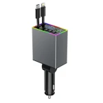 Incarcator auto 4 in 1 putere 120W M38 USB + USB C + cabluri integrate Type C si Lightning afișaj LED