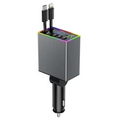 Incarcator auto 4 in 1 putere 120W M38 USB + USB C + cabluri integrate Type C si Lightning afișaj LED