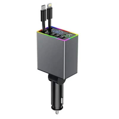 Incarcator auto 4 in 1 putere 120W M38 USB + USB C + cabluri integrate Type C si Lightning afișaj LED