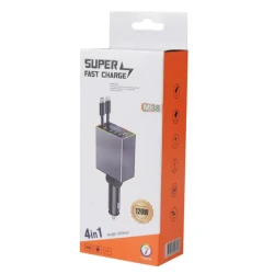 Incarcator auto 4 in 1 putere 120W M38 USB + USB C + cabluri integrate Type C si Lightning afișaj LED