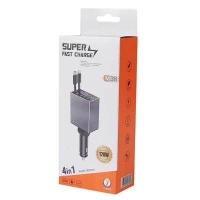 Incarcator auto 4 in 1 putere 120W M38 USB + USB C + cabluri integrate Type C si Lightning afișaj LED