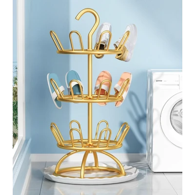 Suport Rotativ pentru uscare Incaltaminte 3 Niveluri metalic rotire 360 design vertical auriu