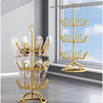 Suport Rotativ pentru uscare Incaltaminte 3 Niveluri metalic rotire 360 design vertical auriu