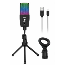 Microfon RGB Andowl Q MIC23 USB iluminare LED pentru streaming gaming karaoke si podcast
