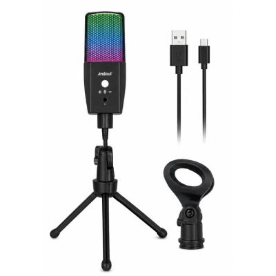 Microfon RGB Andowl Q MIC23 USB iluminare LED pentru streaming gaming karaoke si podcast